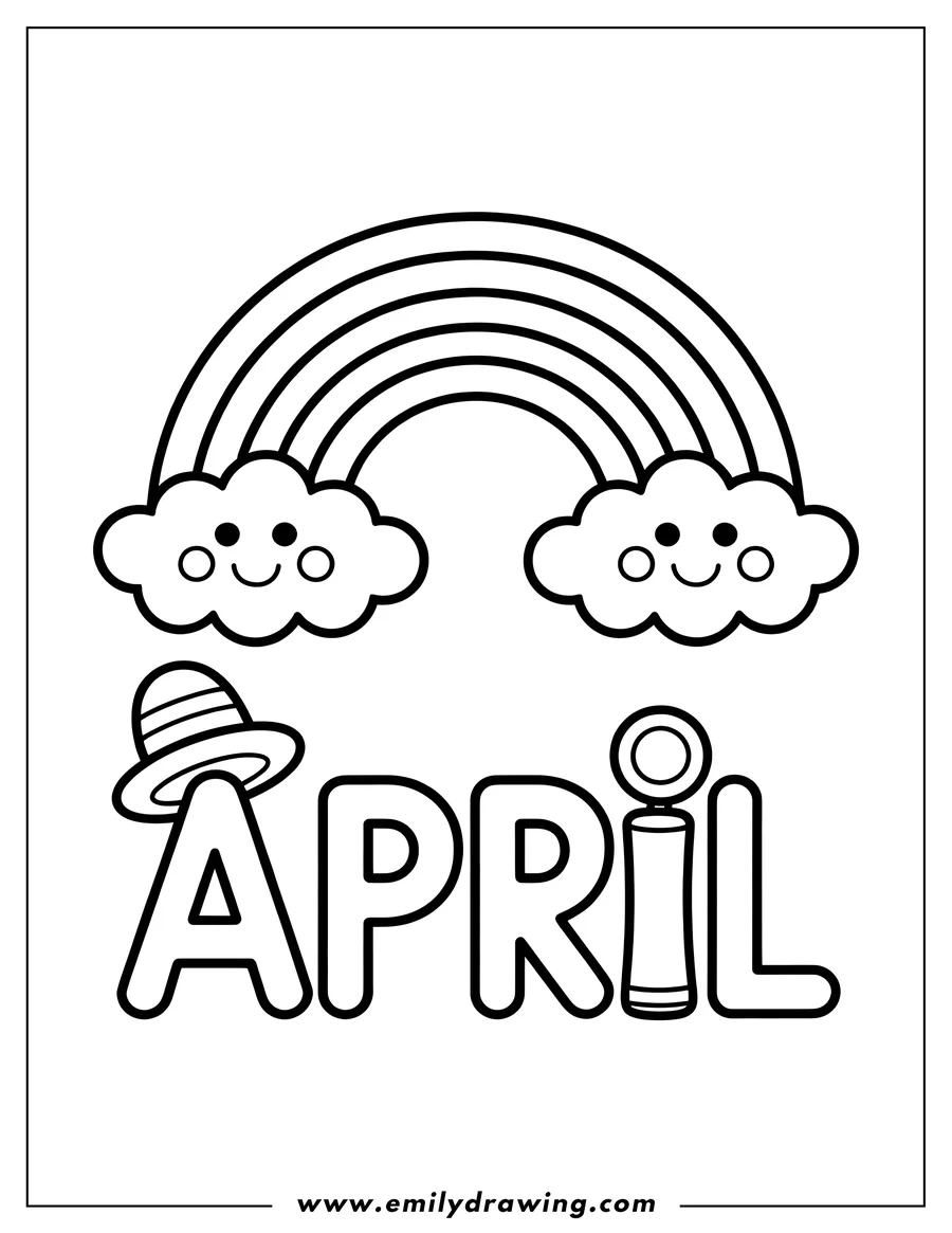 Outline of the word April with a cute rainbow and two smiling clouds. A crayon and an upside-down hat are also part of the design.