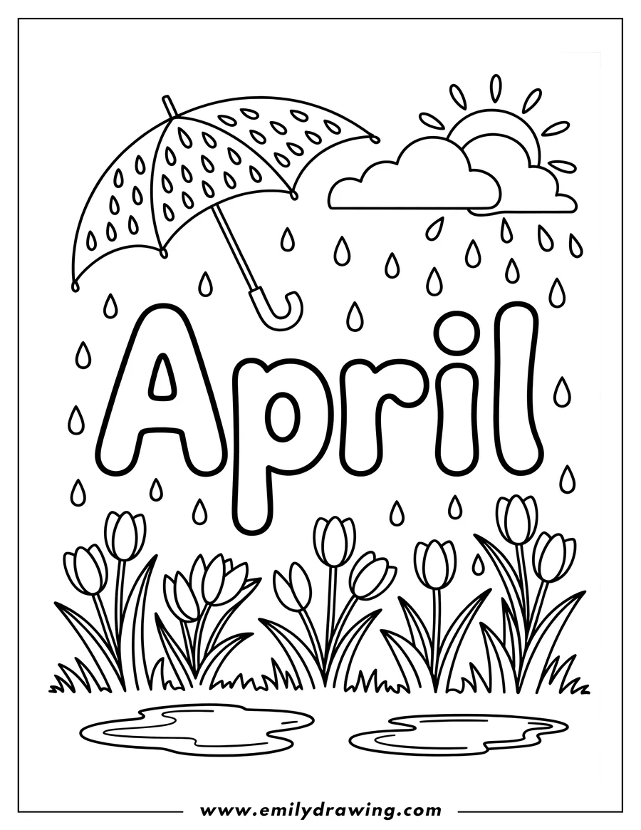Outline of an April scene with rain falling on tulips, an umbrella, and a cloud with the sun peeking out.
