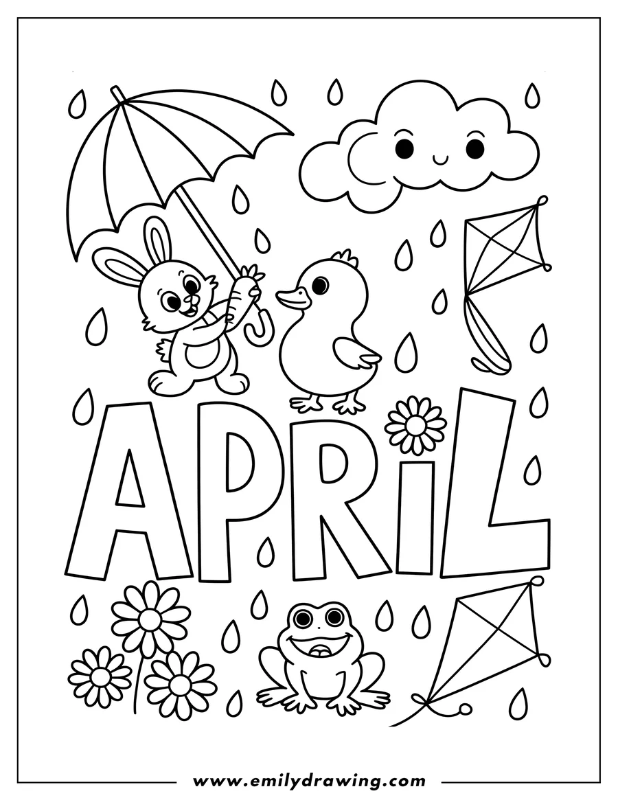 Line art illustration of an April showers scene with a bunny holding an umbrella, a duckling, a frog, kites, raindrops, flowers, and a smiling cloud.