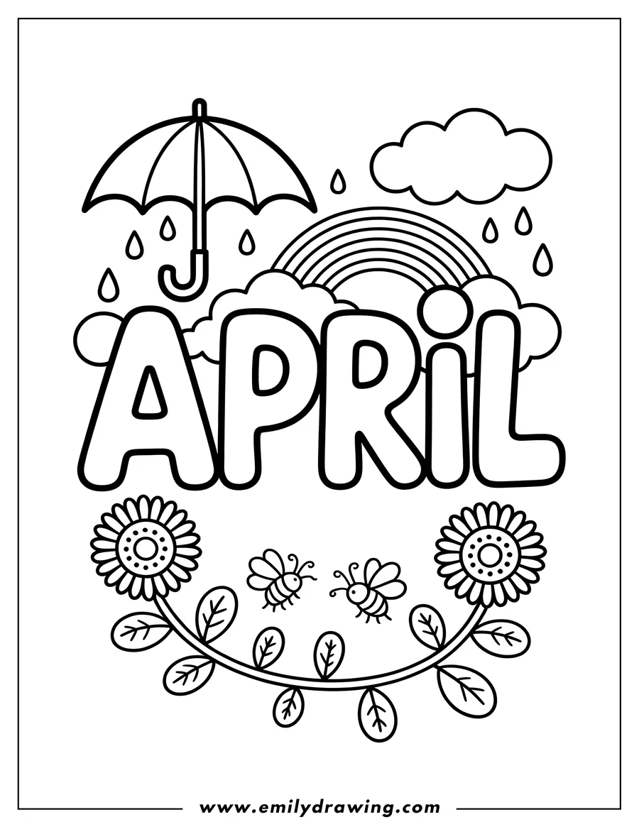 Outline of an April showers scene with an umbrella, rainbow, rain clouds, flowers, and bees.