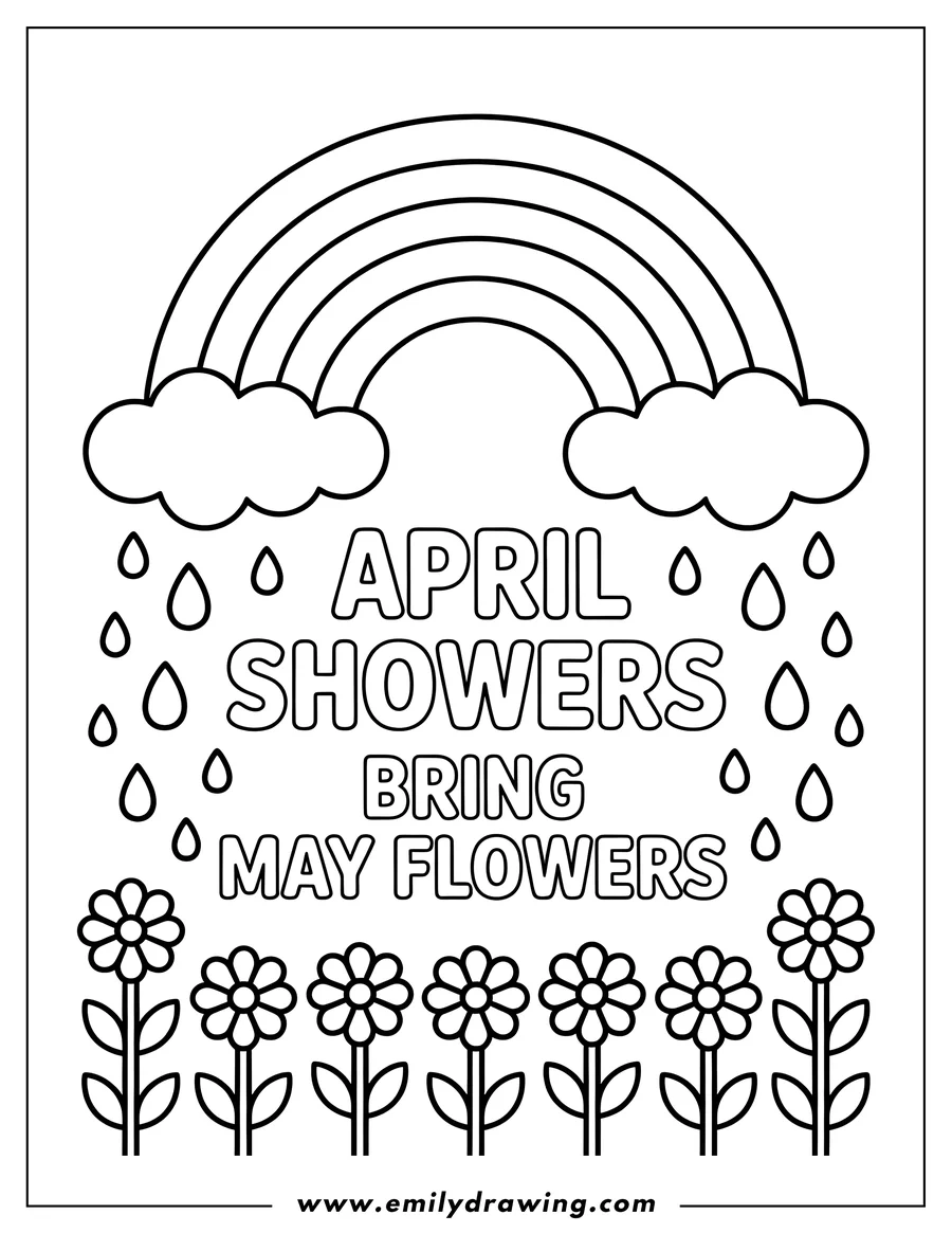 Outline of a rainbow, raindrops, and flowers with the words 