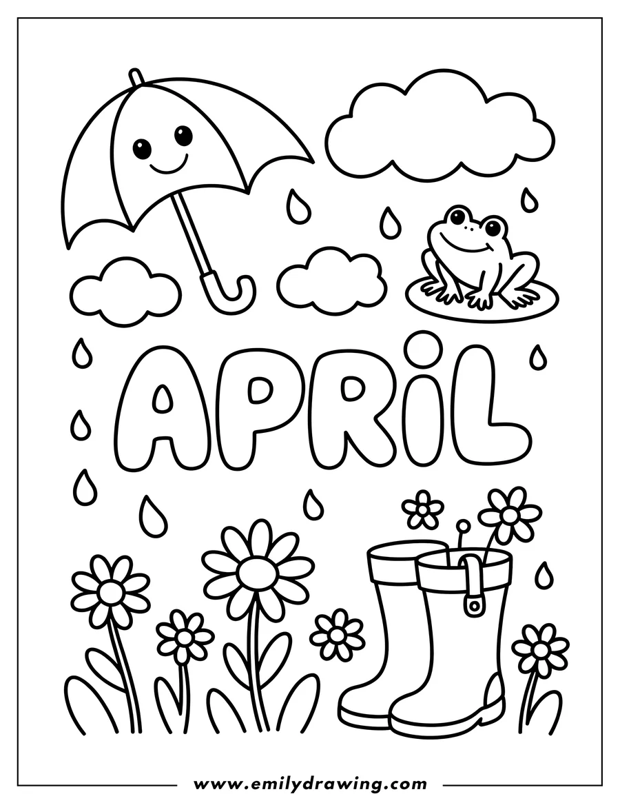 Outline of an April scene with rain clouds, an umbrella, a frog on a lily pad, flowers, and rain boots. The word 'April' is prominently displayed.