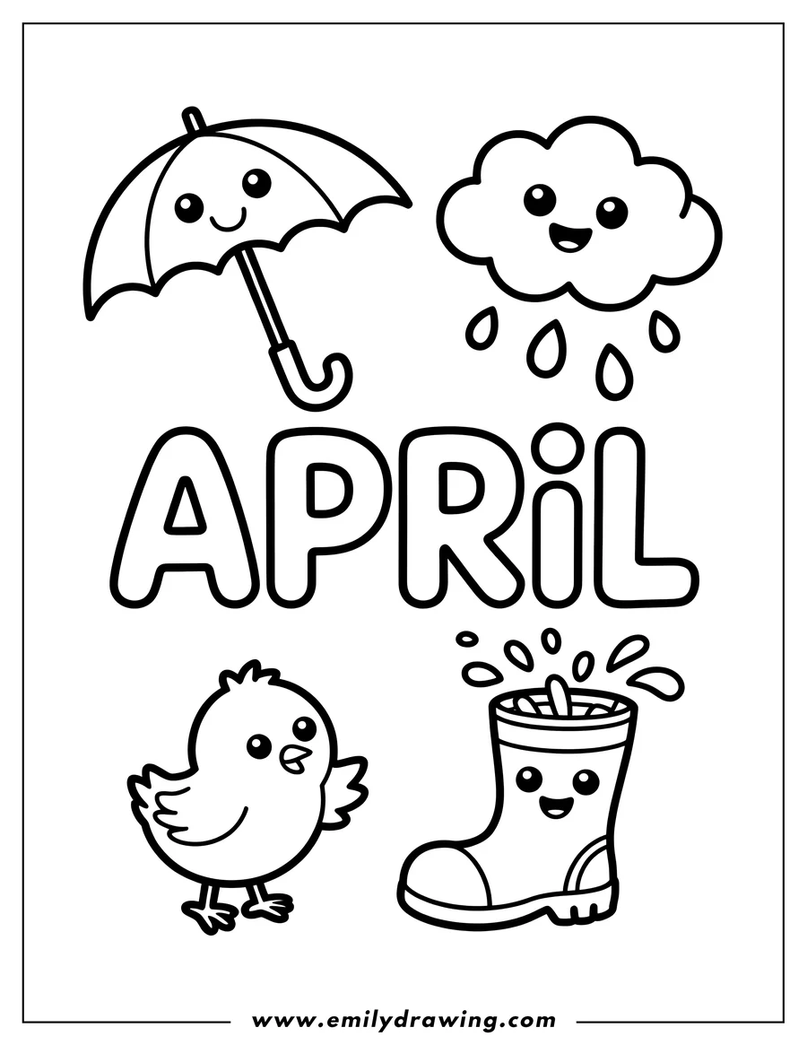 Line art illustration of April showers with an umbrella, cloud, chick, and rain boot. All items have cute, smiling faces.