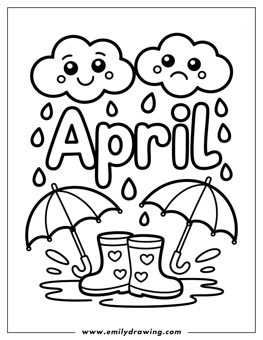 Outline drawing of April showers with two umbrellas and rain boots in puddles.