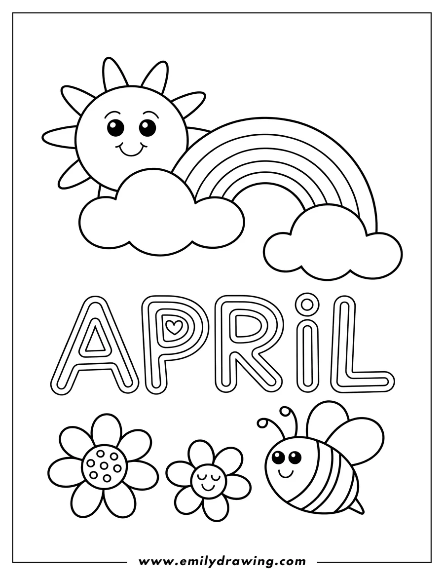 Outline of a smiling sun peeking behind a rainbow, the word April, two simple flowers, and a cheerful bee.