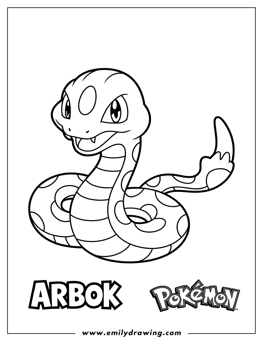 Line art of Arbok, a snake-like Pokémon, coiled with its head up, showing its fangs and eyes, with the words 'ARBOR' and 'Pokémon' below it.