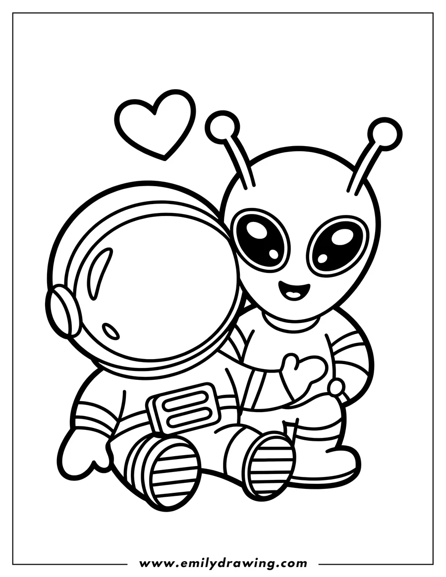 Line art of a sitting astronaut next to a cute alien, with a heart floating above them.