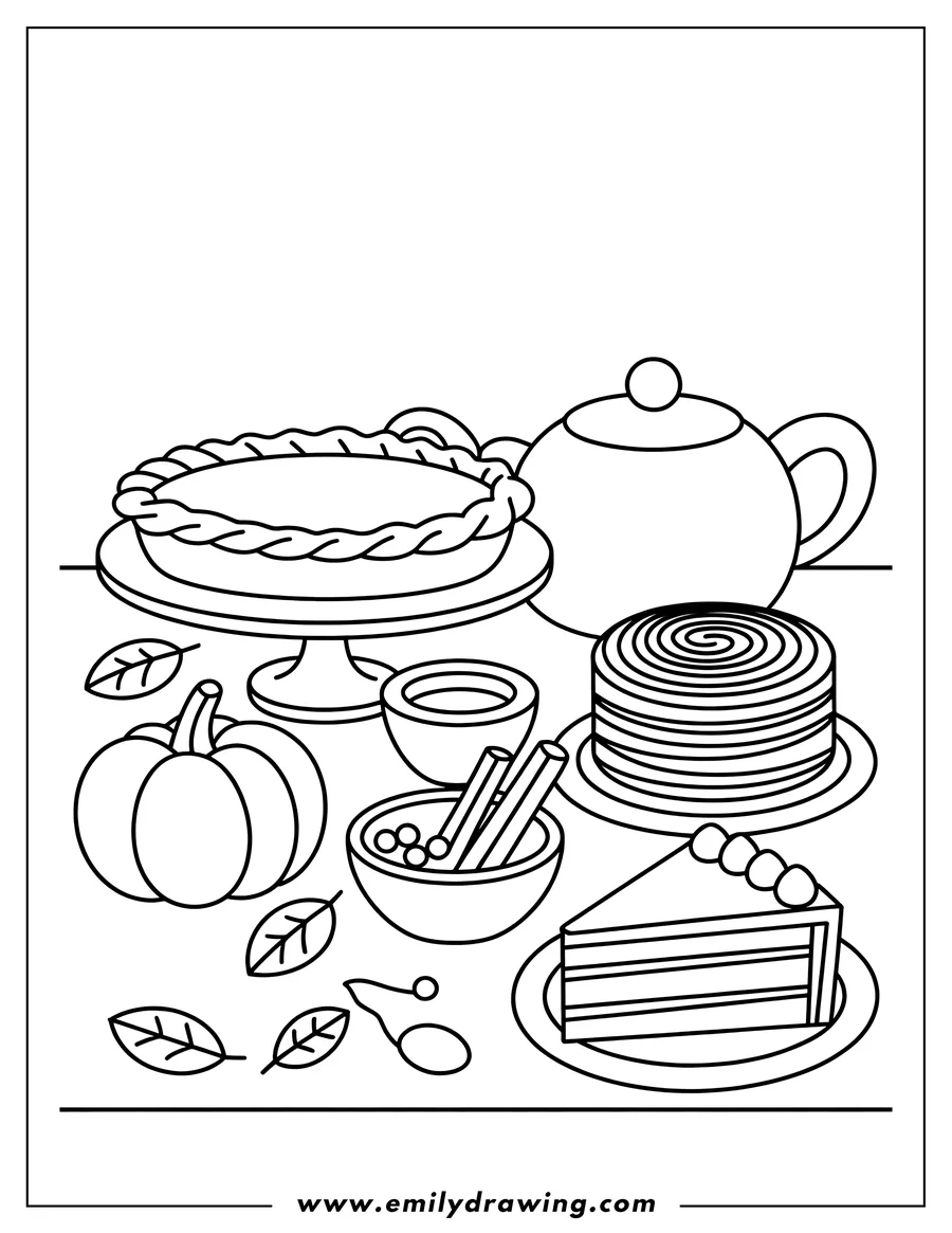 Line art showing an autumn dessert still life featuring a whole pie on a serving stand, a slice of cake, a teapot, a small pumpkin, and bowls of spices and cinnamon sticks.