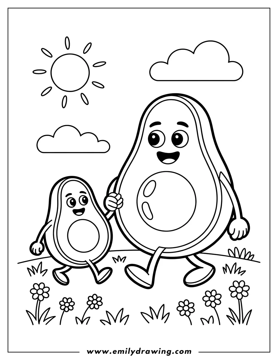 Outline of two smiling, anthropomorphic avocado halves (one large, one small) walking together outside while holding hands. They are crossing a grassy field with small flowers, under a sun and clouds.