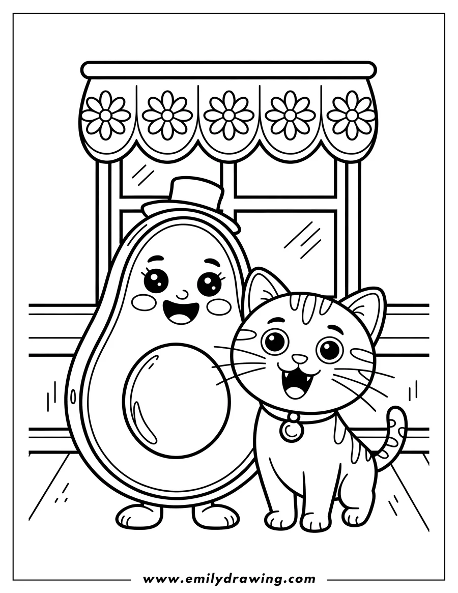 Line art featuring a smiling, anthropomorphic avocado wearing a top hat standing next to a happy tabby kitten. They are posed together in front of a window topped with a decorative awning featuring flowers.