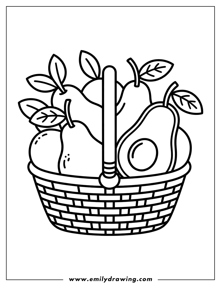 Line art of a woven handled basket filled with various fruits, including a halved avocado showing its large pit, several pears with leaves, and other round fruit.
