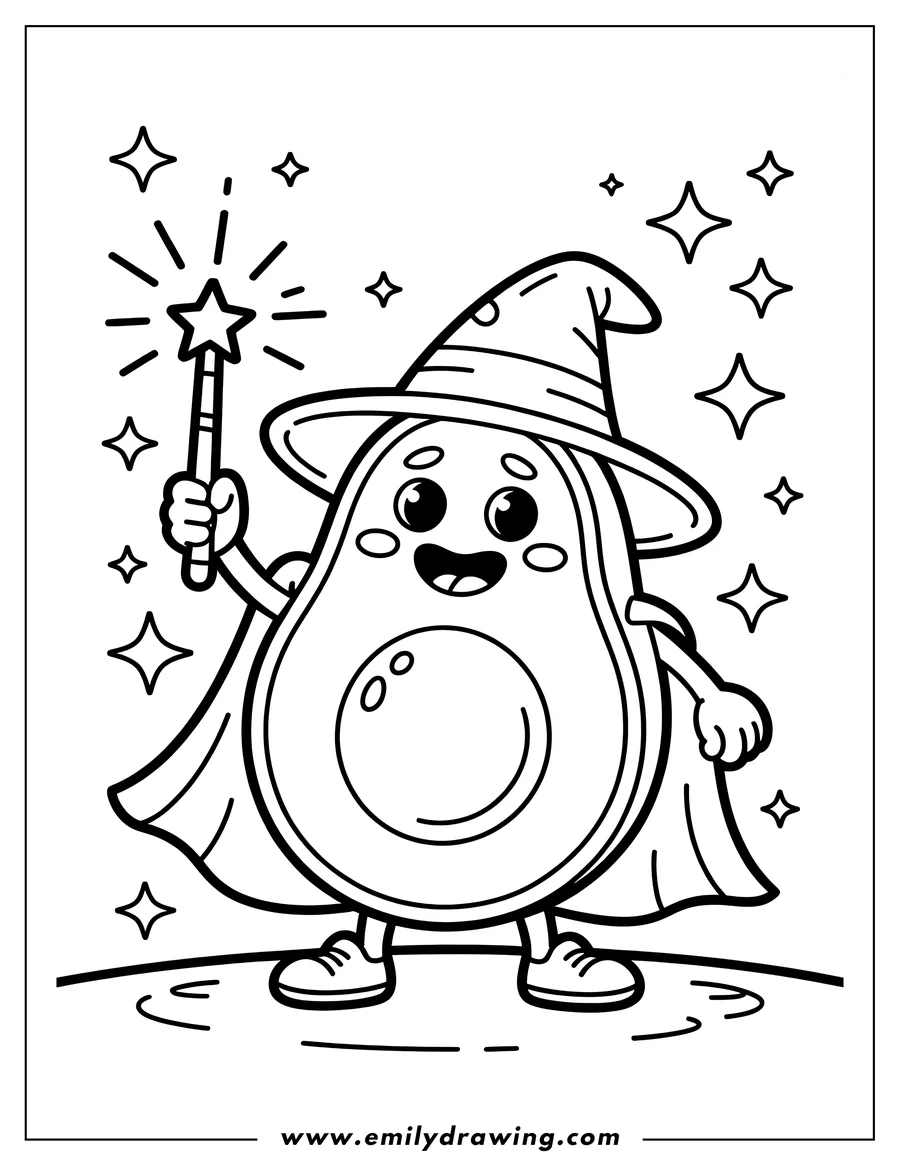 Outline of a cheerful anthropomorphic avocado wearing a wizard hat and cape, holding a star-tipped magic wand that is sparkling.