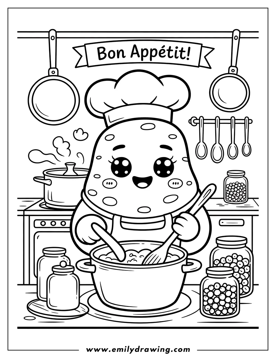 Outline of a cartoon avocado character wearing a chef hat and apron, stirring a large pot of food in a detailed kitchen scene.