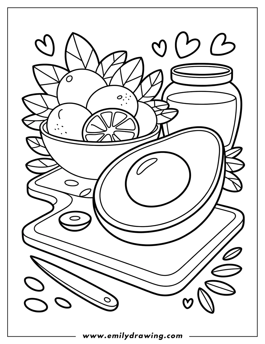 Outline of a halved avocado with a prominent pit resting on a wooden cutting board, accompanied by a bowl of citrus fruits, leaves, and a jar.