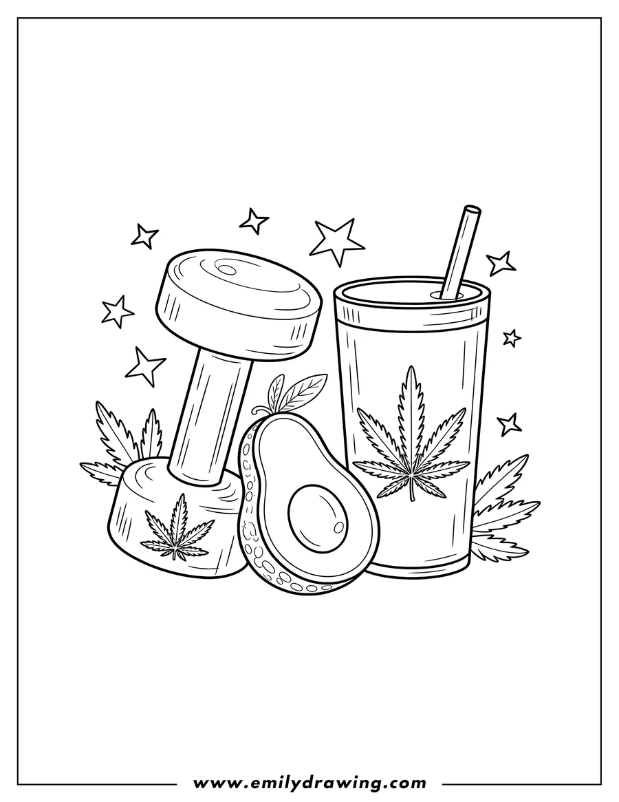 Outline of a split avocado, a dumbbell, and a tall smoothie glass, all featuring decorative cannabis leaf designs with floating stars.