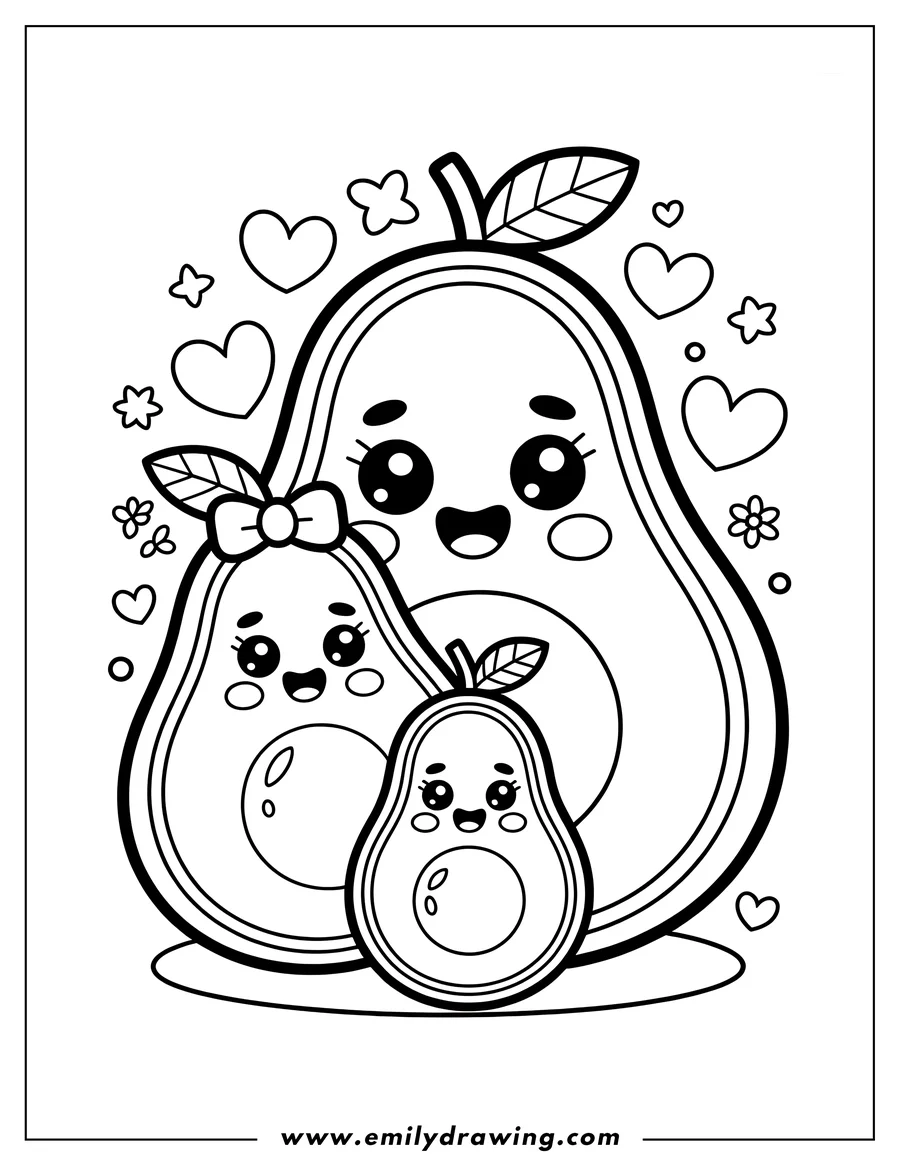 Outline of a kawaii avocado family, featuring a large parent avocado and two smaller avocados, all surrounded by floating hearts and tiny flowers.