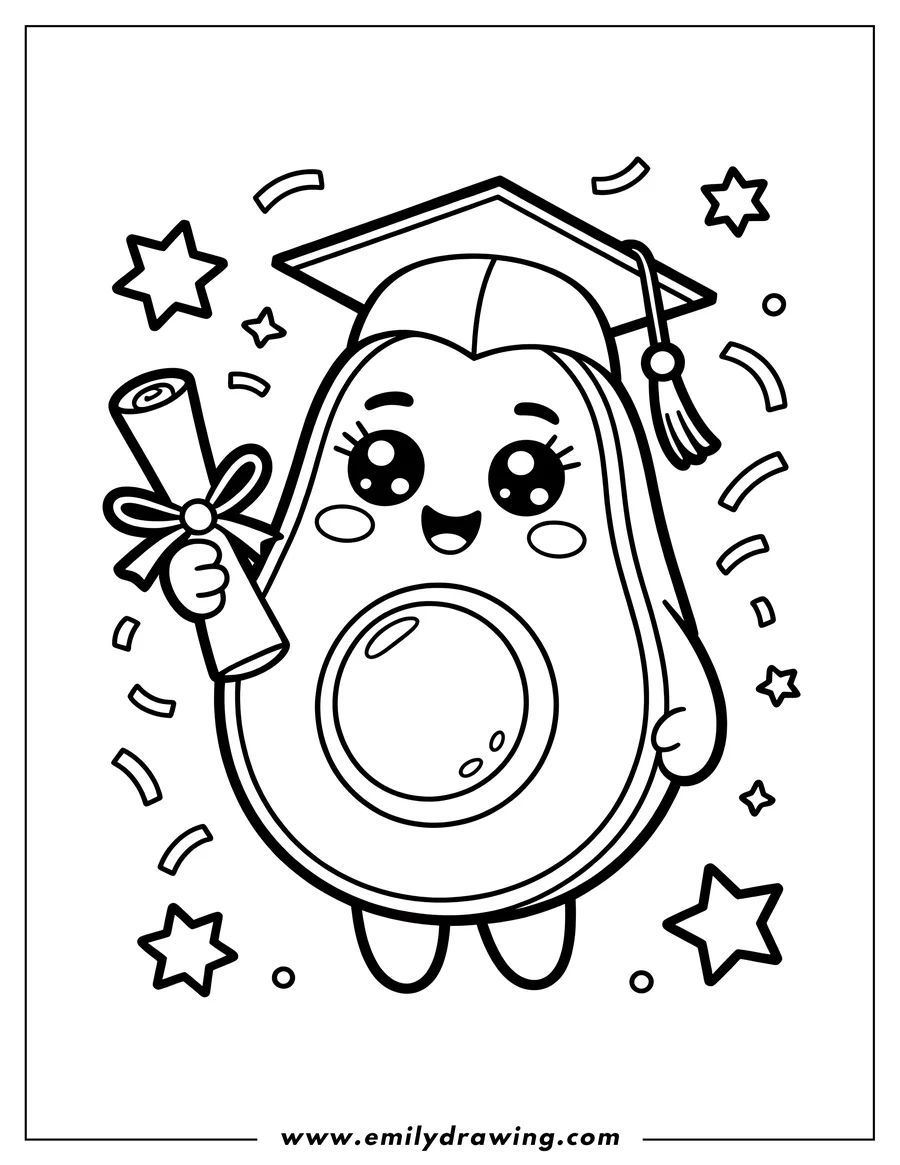 Line art of a kawaii avocado character celebrating graduation, wearing a mortarboard cap, and holding a ribbon-tied diploma scroll.