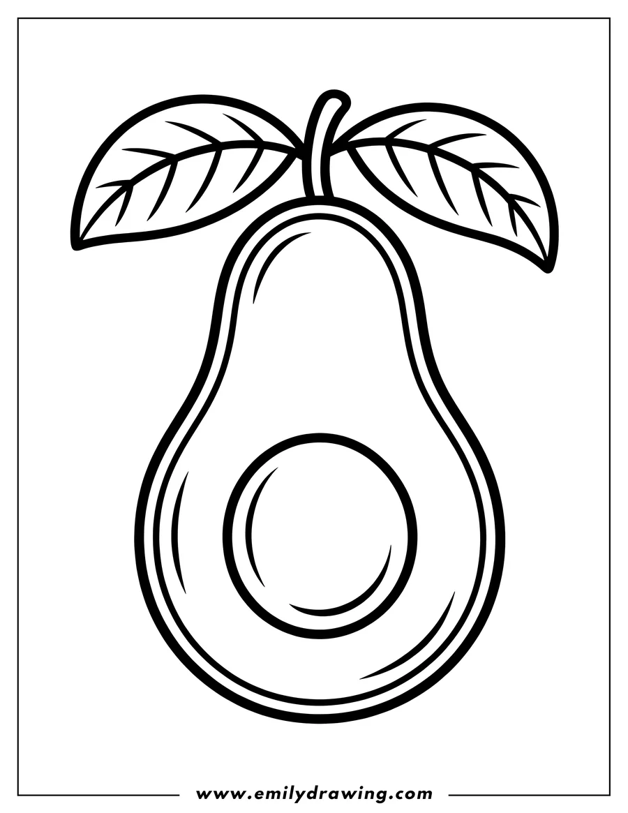 Outline of a sliced avocado half, showing the large central pit, connected to a stem with two detailed leaves.