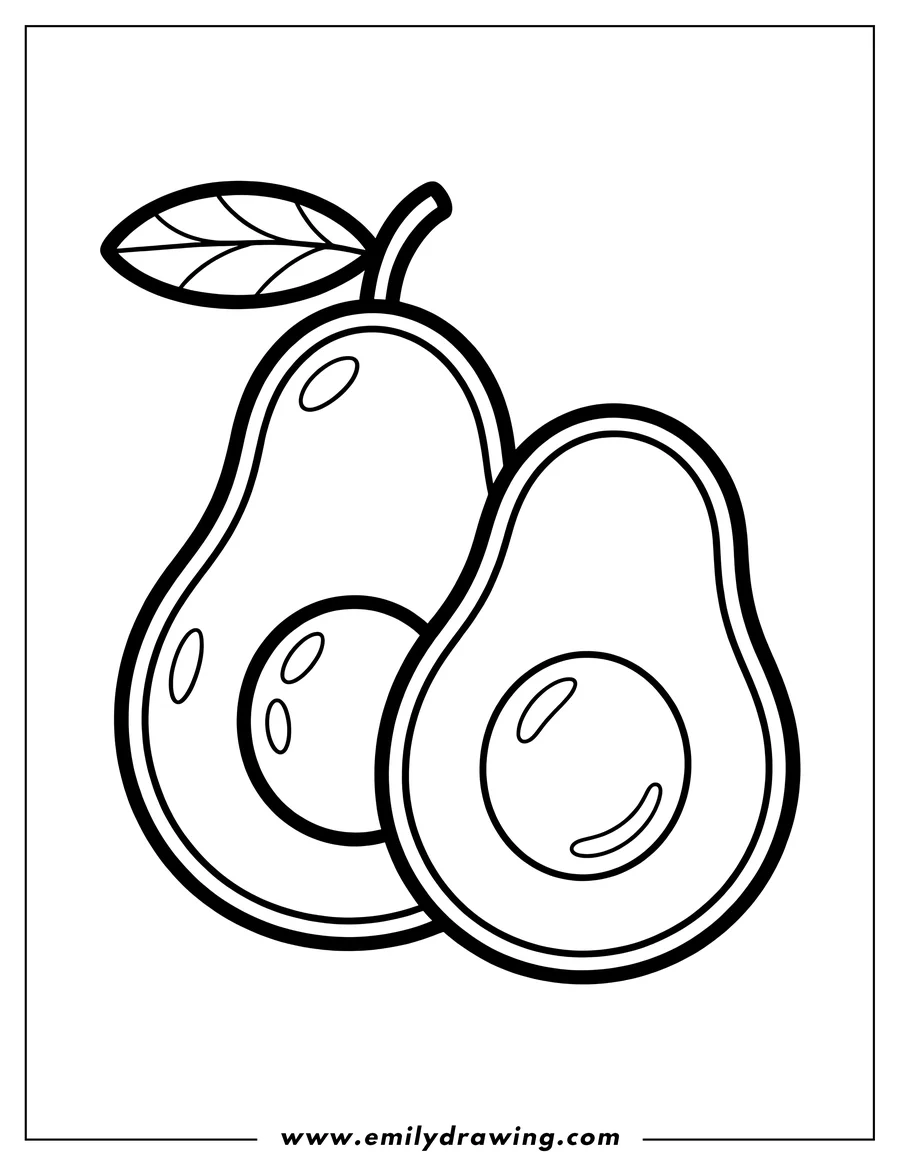 Outline of two avocado halves. One half includes a stem and leaf, and both show the central round seed.