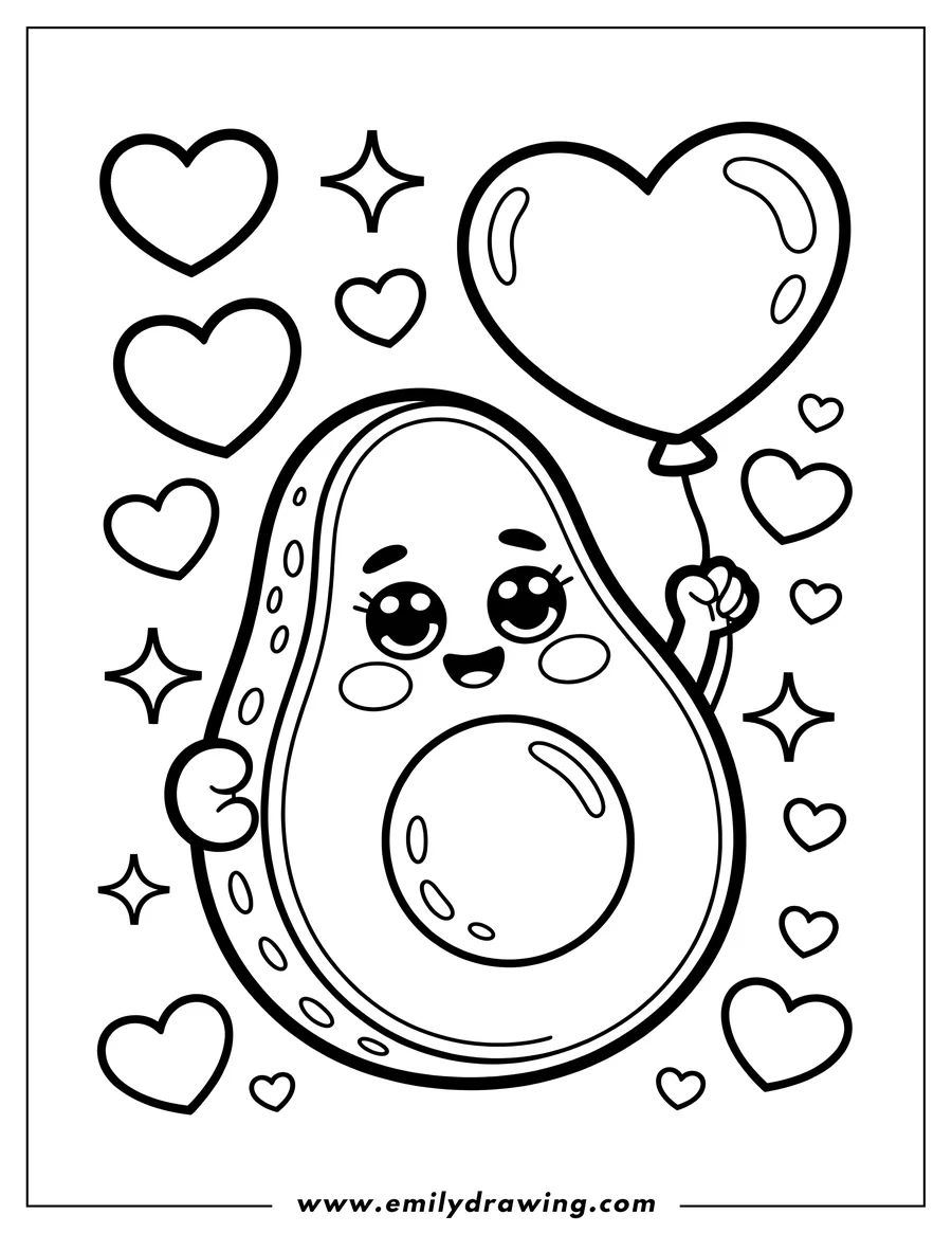 Outline of a cute, smiling avocado character holding a large heart-shaped balloon. The drawing is surrounded by small floating hearts and sparkle shapes.