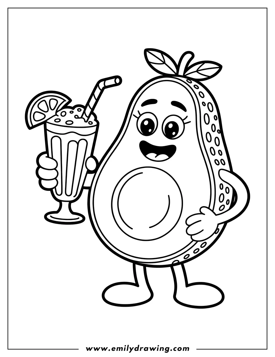 Outline art of a smiling, cartoon avocado character. The character is holding up a tall glass of smoothie or milkshake, topped with a striped straw and a slice of citrus fruit.