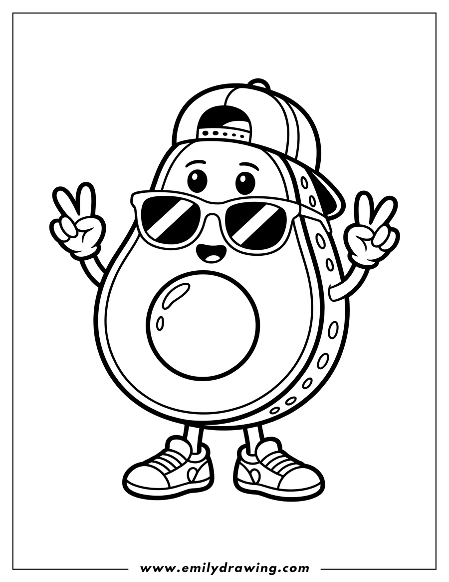 Outline of a cartoon avocado character wearing sunglasses, a backwards baseball cap, and sneakers, raising both hands to make the peace sign gesture.