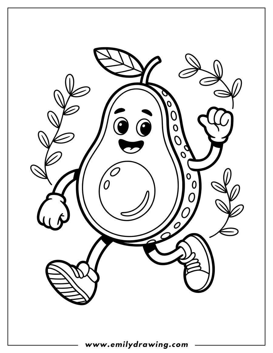 Line art of a cartoon avocado character happily running. The avocado is split in half showing the pit, has arms, legs, and is wearing sneakers and gloves. Decorative vines surround the figure.