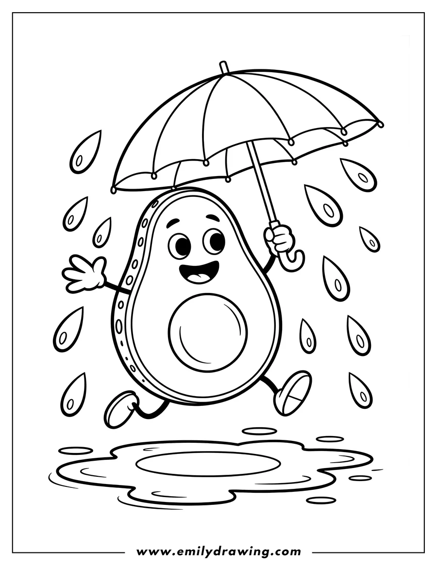 Outline of a happy avocado character running and splashing in a puddle while holding an open umbrella during the rain.