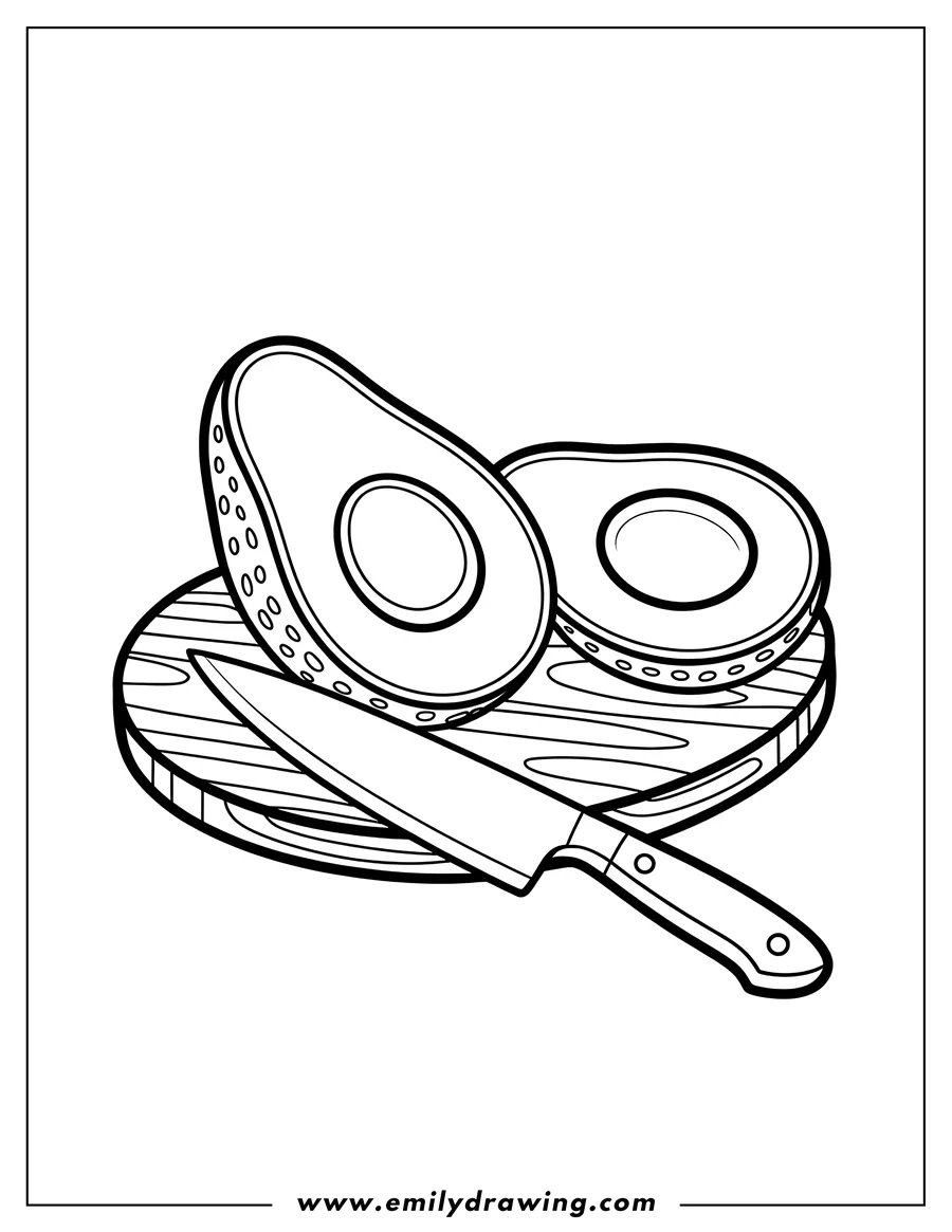 Line art showing two halves of a sliced avocado, resting on a round wooden cutting board next to a large kitchen knife.