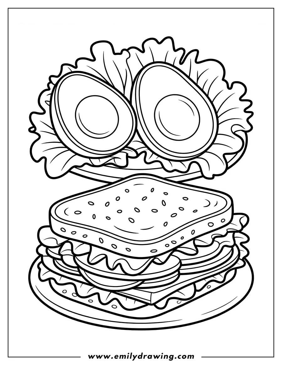 Outline of a detailed, layered sandwich, shown in an open or 'exploded' view. The top portion features two large avocado halves resting on ruffled lettuce, separate from the main sandwich body below.