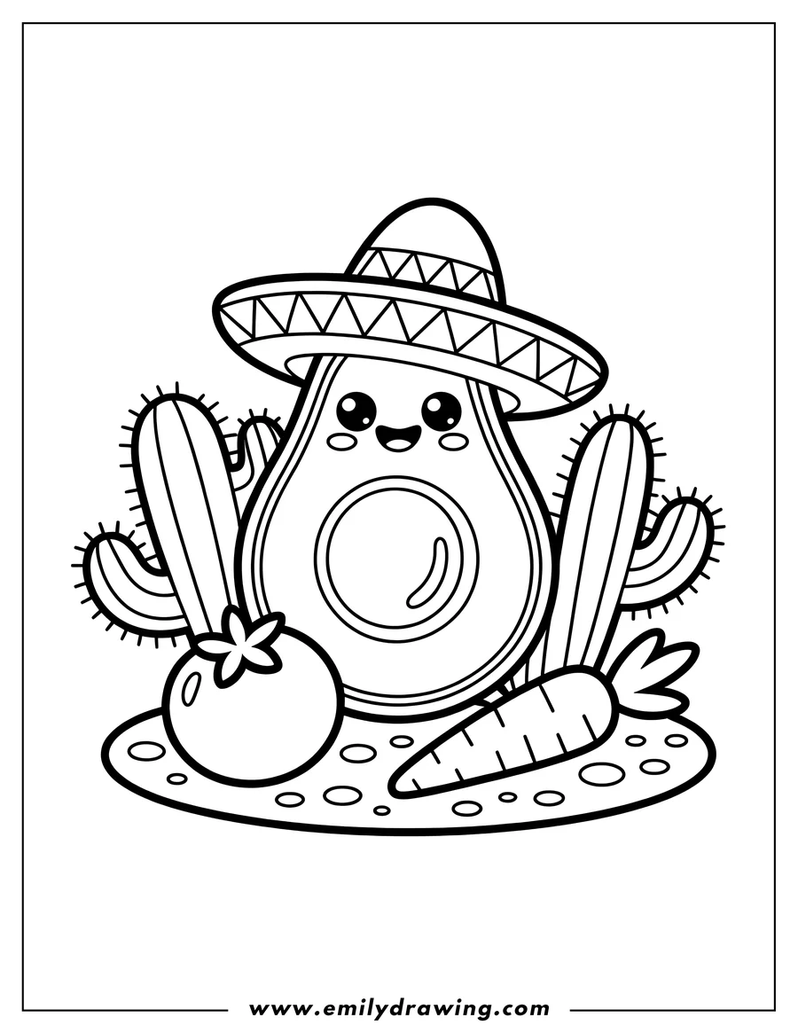 Outline of a happy, cartoon avocado wearing a large sombrero. The avocado is flanked by two tall cacti, with a tomato and a carrot sitting in the foreground.