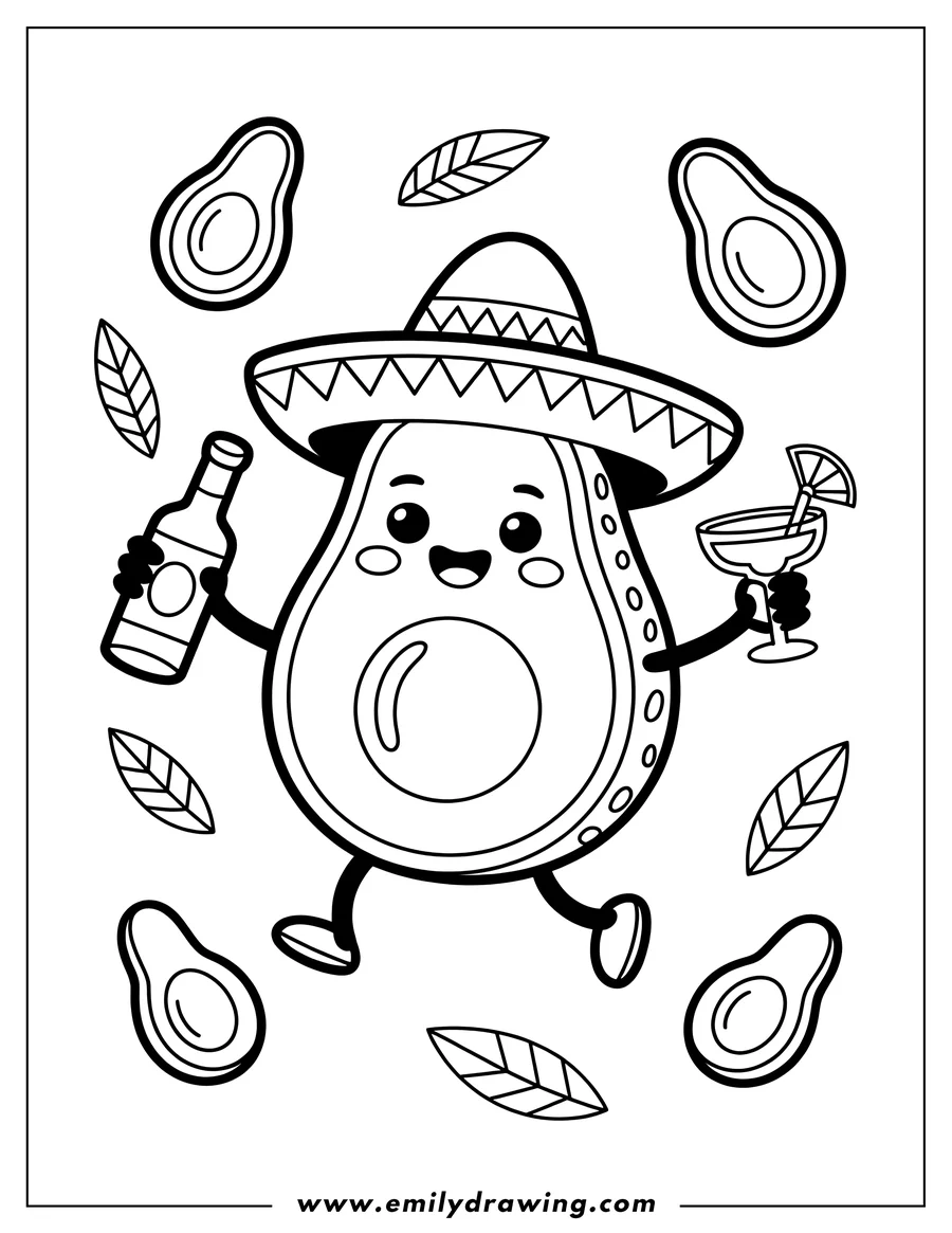 Outline of a smiling avocado wearing a large sombrero, holding a bottle in one hand and a cocktail glass in the other, surrounded by floating avocado halves and leaves.