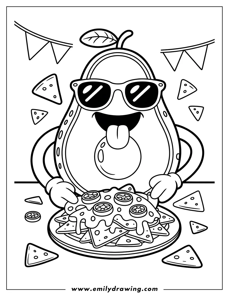 Outline of a cartoon avocado character wearing cool sunglasses and reaching for a huge plate piled high with cheesy nachos and toppings. Bunting flags are strung across the top of the scene.