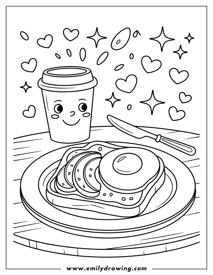 Outline of a cartoon breakfast scene featuring avocado slices and a fried egg on toast, served on a plate next to a smiling, anthropomorphic takeaway coffee cup on a wooden table.