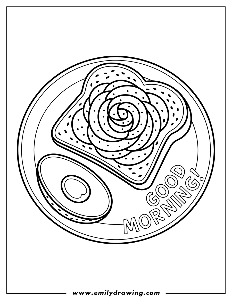 Line art of avocado toast served on a plate, featuring a decorative avocado rosette slice and the text 