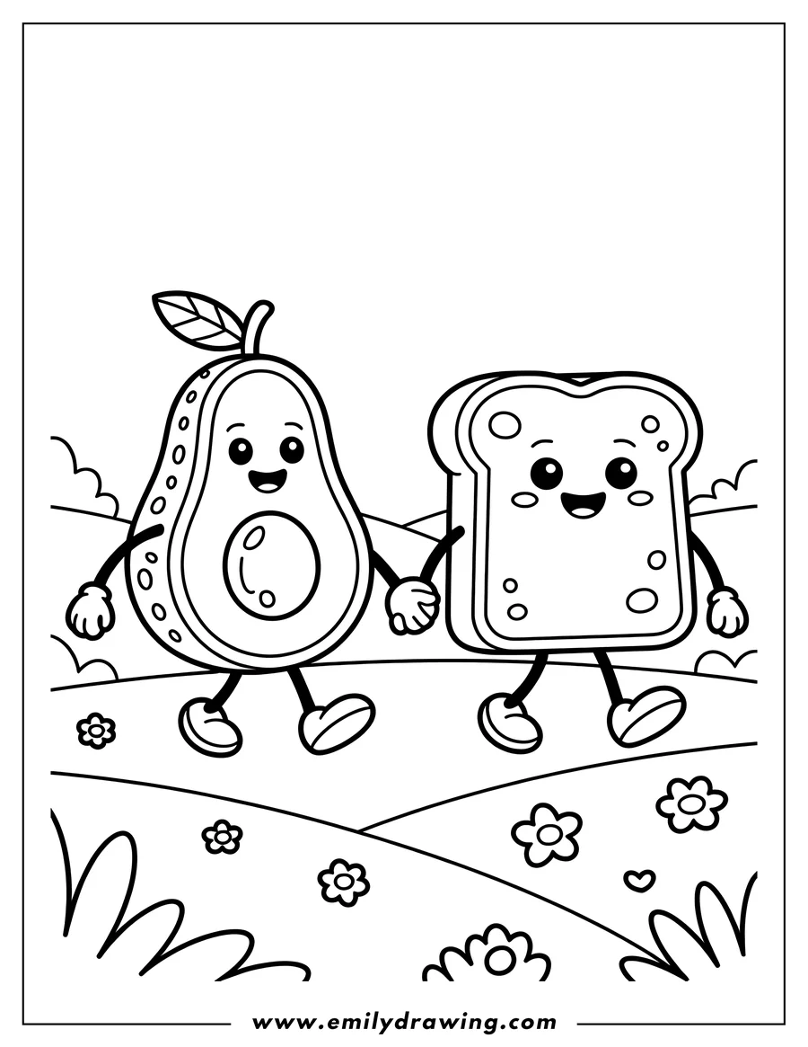 Outline of an anthropomorphic avocado half and a slice of toast walking outdoors. The two food characters are smiling and holding hands while strolling over grassy hills dotted with flowers.