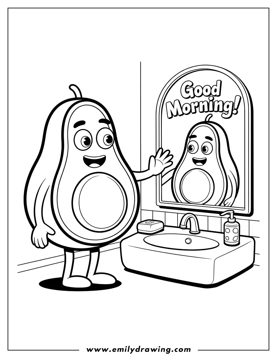 Line art of an anthropomorphic avocado standing at a bathroom sink, cheerfully waving at its reflection in a mirror labeled 