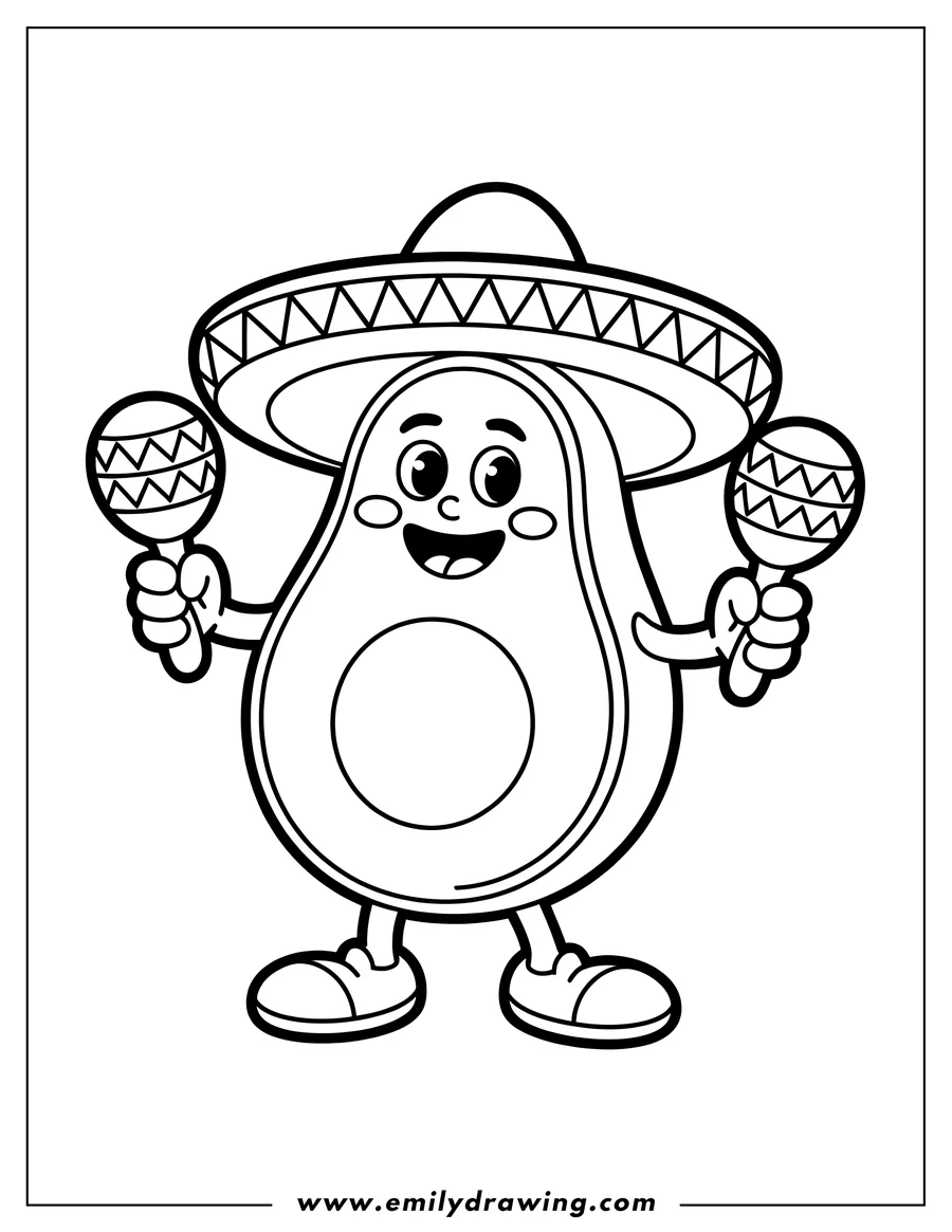 Outline of a cheerful cartoon avocado character standing, wearing a large sombrero, and holding a maraca in each hand.