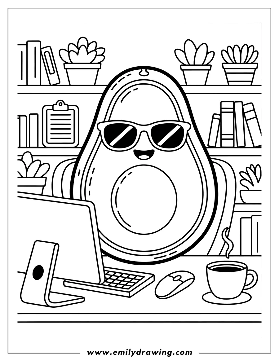 Outline of an anthropomorphic avocado wearing sunglasses, sitting at a desk with a computer, keyboard, mouse, and a hot cup of coffee.