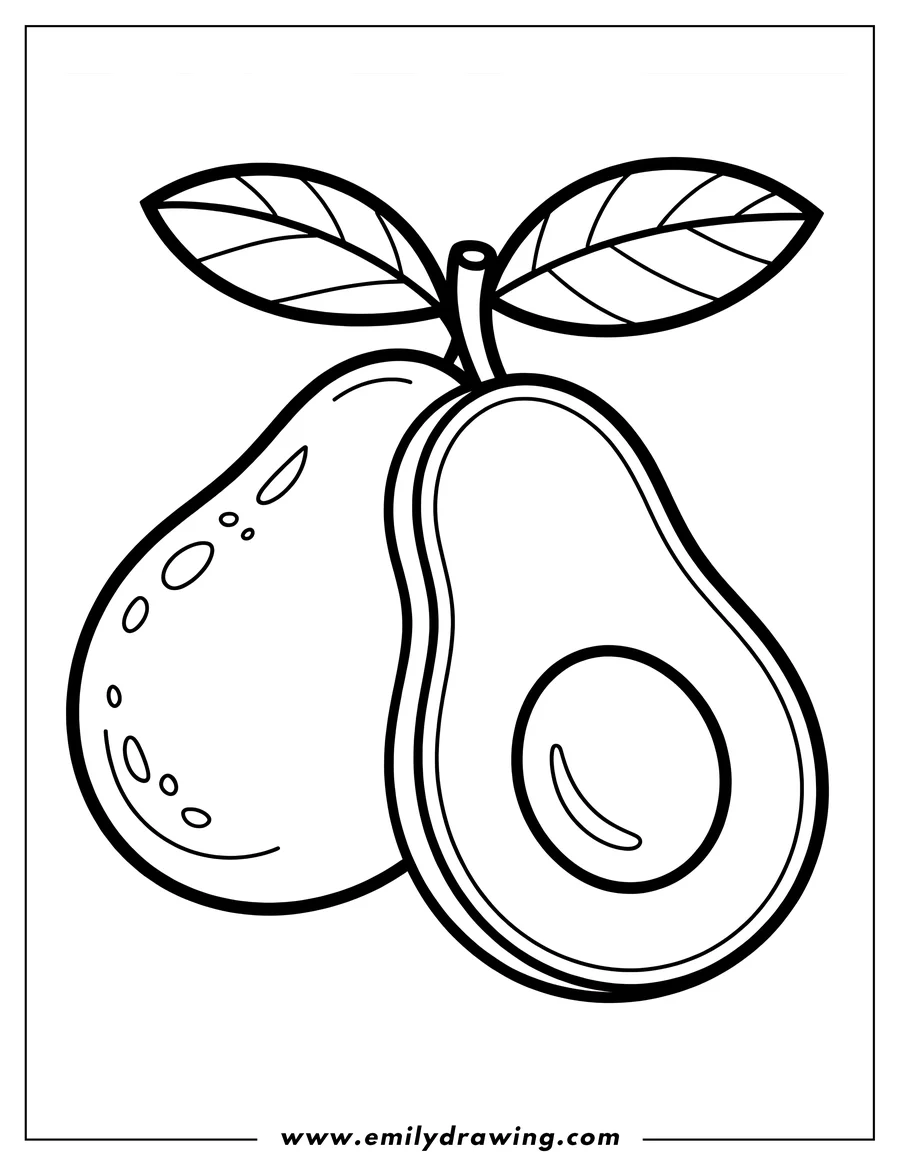 Outline of two avocados: one whole and one sliced open, revealing its large, round pit, connected by a stem and two leaves.