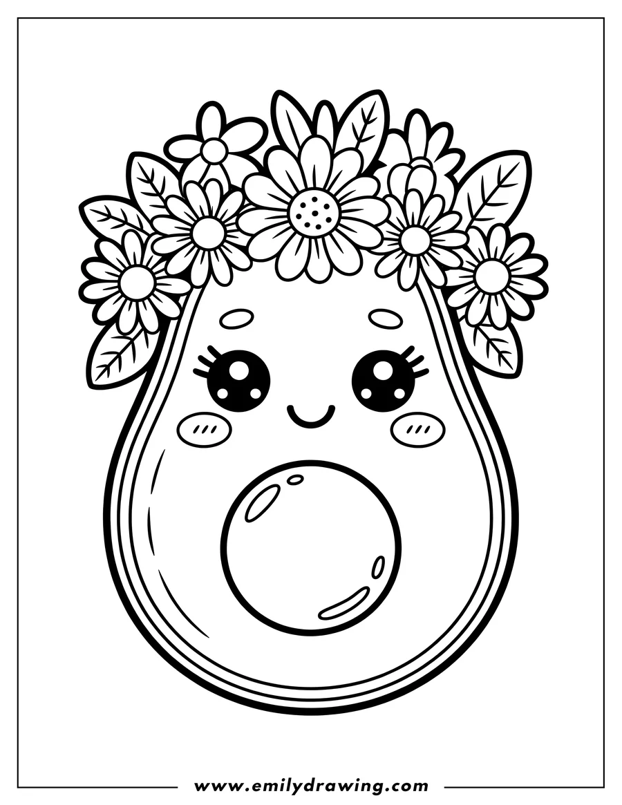 Outline of a cute, anthropomorphic avocado half with a large pit, wearing a detailed flower and leaf crown.