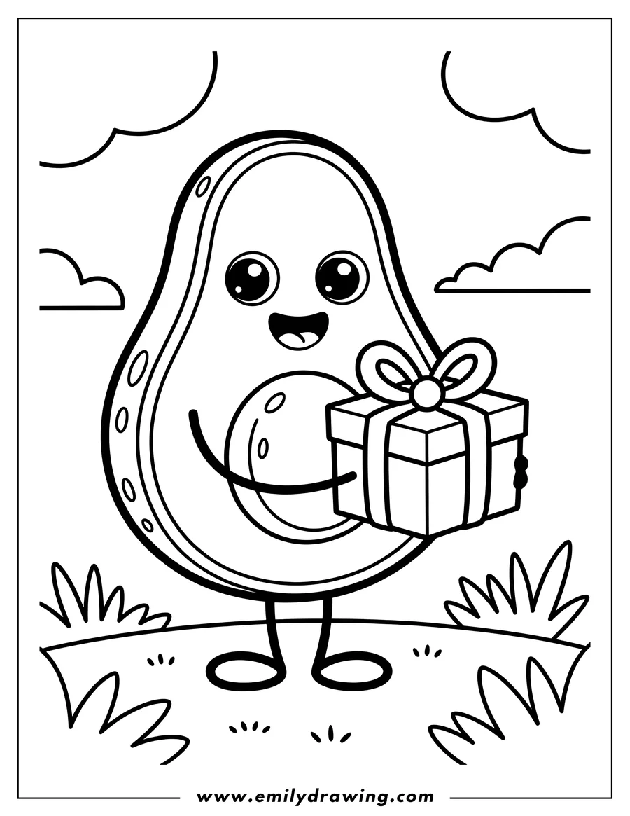Line art of a smiling avocado character standing outside holding a large gift box wrapped with a bow.
