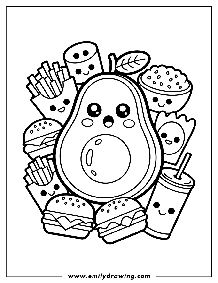 Outline of a large, cute, halved avocado surrounded by various kawaii-style fast food items including hamburgers, french fries, a soft drink, and a bowl of rice or popcorn.