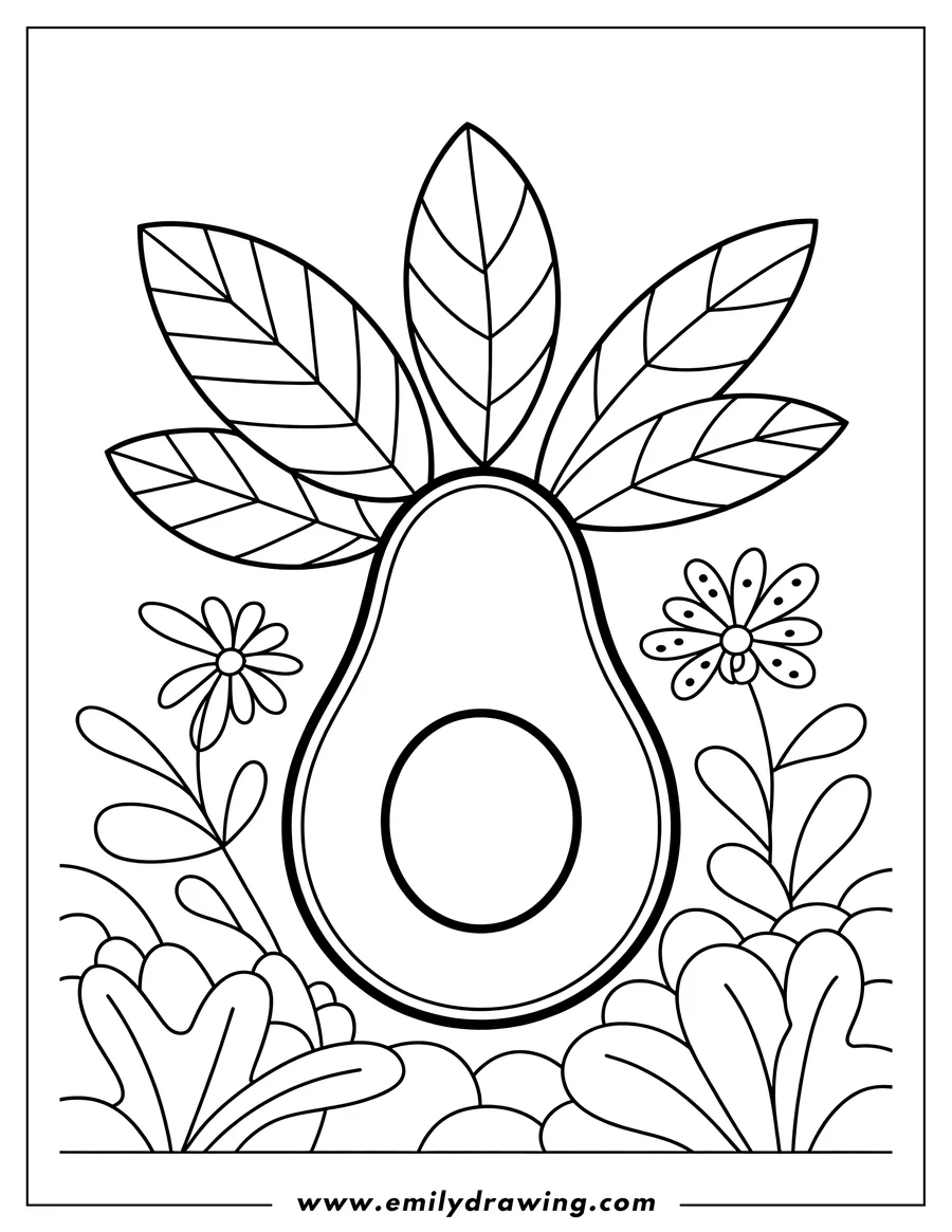 Line art of a stylized avocado half, showing the circular pit outline, surrounded by five prominent leaves on top and simple flowers and lush foliage below.