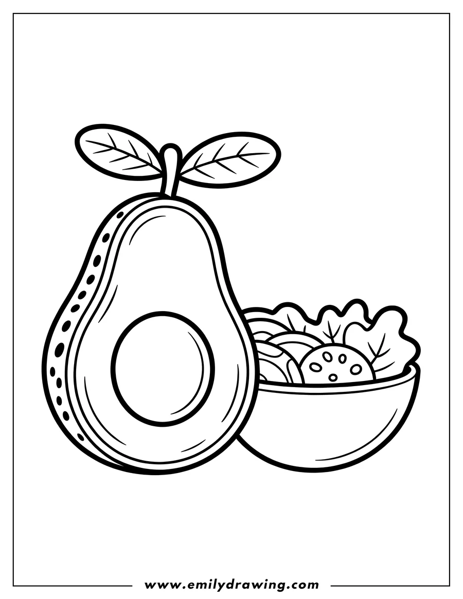 Outline of a halved avocado with a stem and leaves sitting next to a bowl of salad.