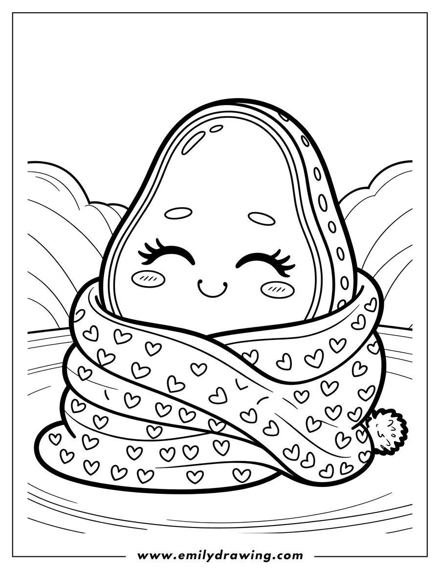 Line art of a smiling, cartoon avocado character snugly wrapped in a thick scarf patterned with hearts.