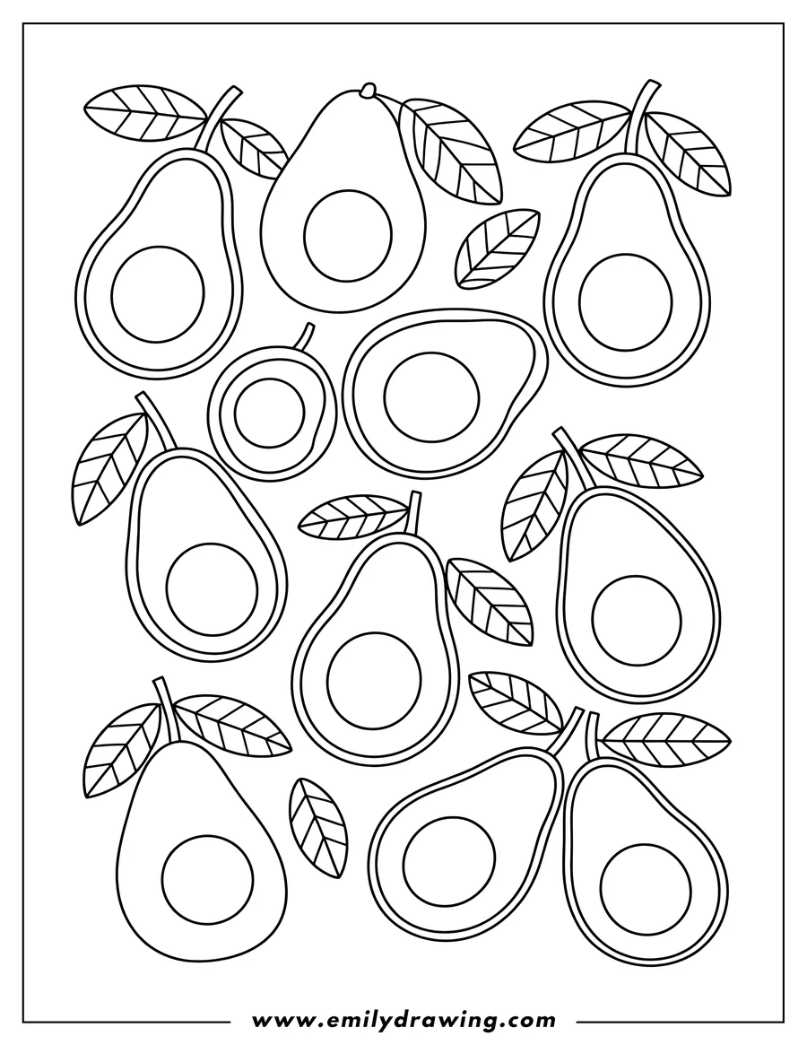 Line art showing a repeating pattern of whole and sliced avocados with large pits, surrounded by small leafy stems.
