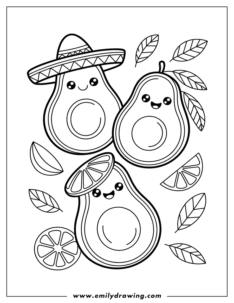 Outline of three smiling, anthropomorphic avocado halves. One avocado wears a detailed sombrero, and a second wears a lime slice as a hat. The composition is surrounded by floating leaves and extra citrus slices.