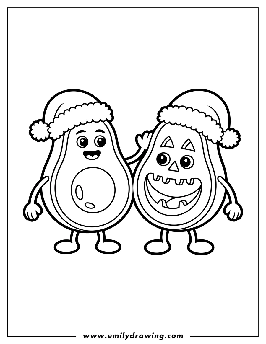 Outline of two cartoon avocado halves wearing fuzzy Santa hats. One avocado has a happy face with a large seed, and the other has a wide, grinning jack-o'-lantern style mouth.
