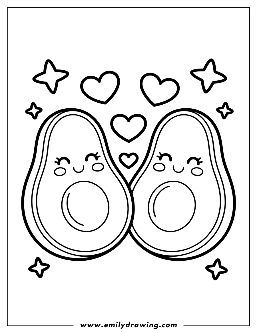 Outline of two kawaii avocado halves, smiling happily side-by-side, surrounded by floating hearts and stars.